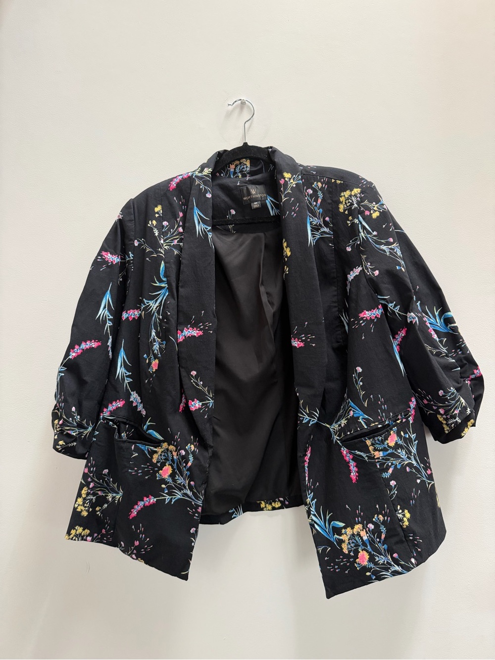 Black Floral Open Front Blazer With Cinched Sleeves